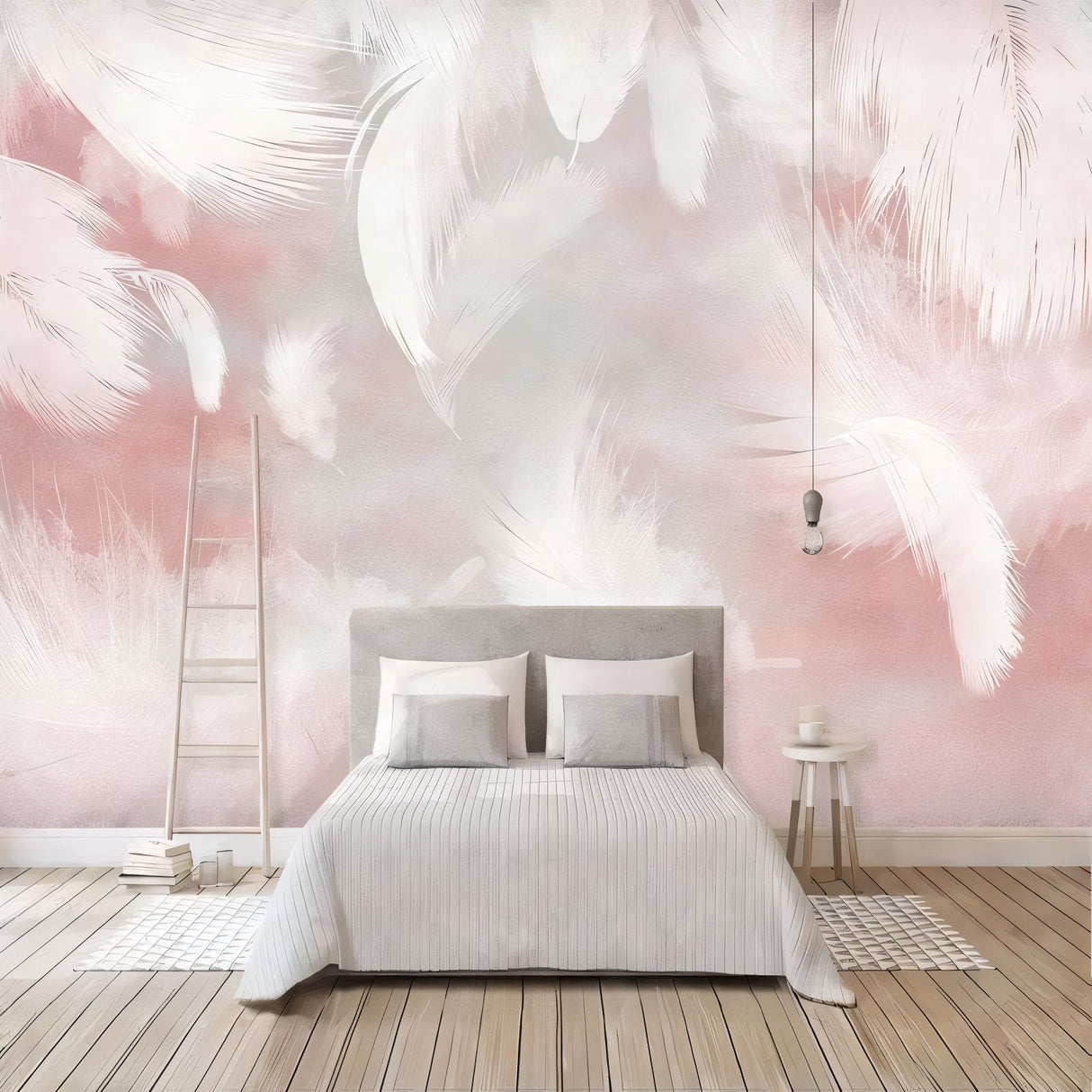 Floating feather wallpaper design enhancing a home office with natural light