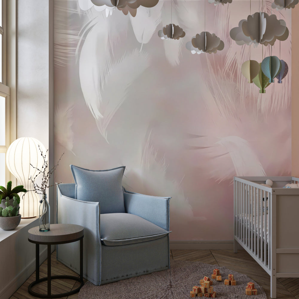 Feather pattern wallpaper brightening a hallway with subtle pink tones