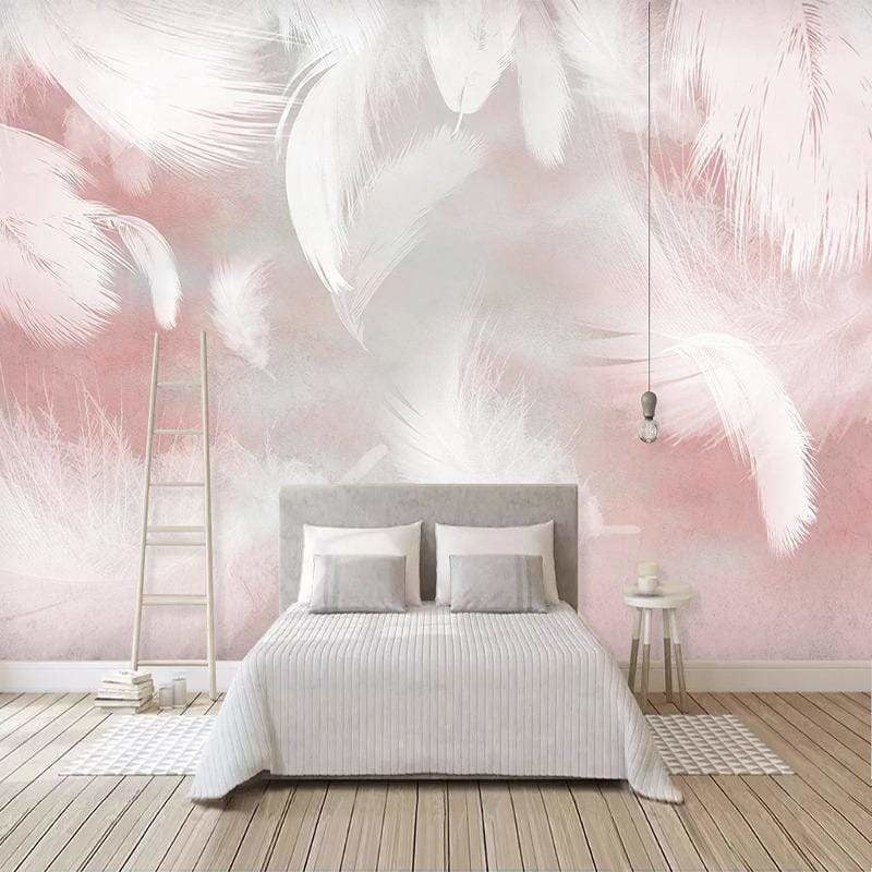 Pink feather wall mural complementing a living room with cream furnishings