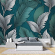 Tropical feather wallpaper in modern living room creating a luxurious accent wall with teal and silver tones