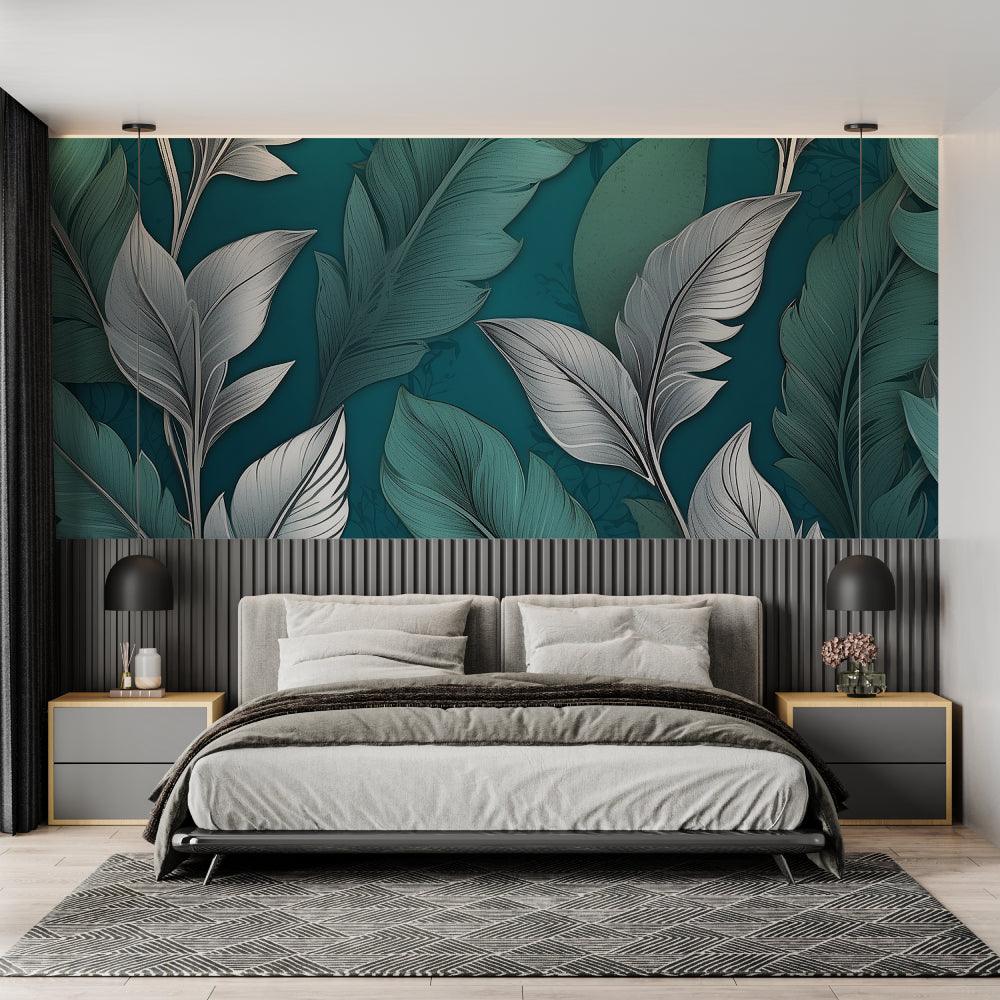 Master bedroom featuring metallic feather wallpaper with soft lighting highlighting silver details