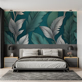 Master bedroom featuring metallic feather wallpaper with soft lighting highlighting silver details
