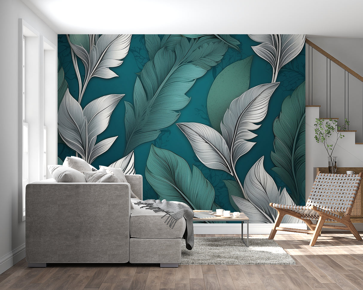 Home office with teal feather wall mural creating a fresh and inspiring workspace