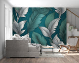Home office with teal feather wall mural creating a fresh and inspiring workspace