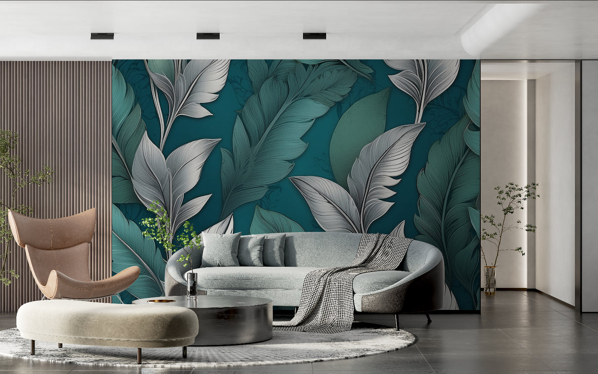 Dining room showcase of tropical feather wallpaper with evening light catching metallic elements