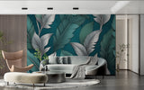 Dining room showcase of tropical feather wallpaper with evening light catching metallic elements