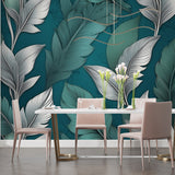 Spa-like bathroom transformed with silver and teal feather mural creating peaceful atmosphere