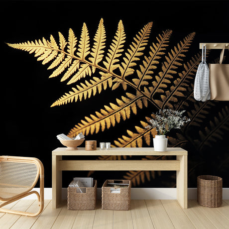 Golden Fern Botanical Wallpaper creating dramatic contrast in modern dining room with soft lighting