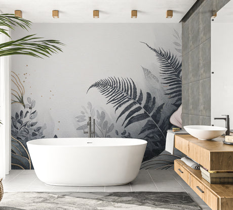 Modern grey Fern Botanical Wallpaper creating a calm atmosphere in a minimalist living room