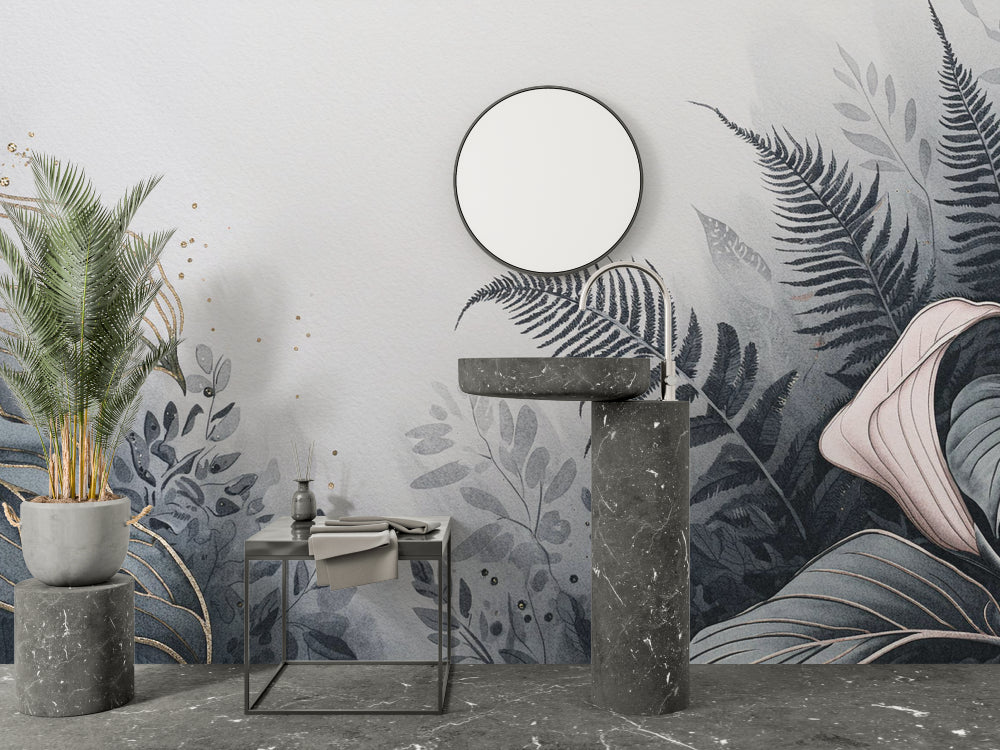 Botanical Fern Wallpaper with golden accents making a bathroom feel like a luxury spa