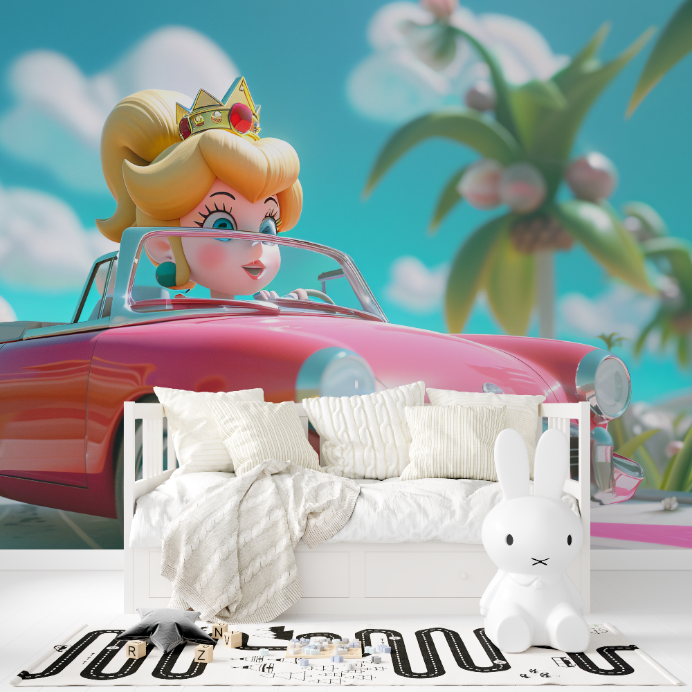 Princess Mural Wallpaper | Pink Convertible in Tropical Paradise