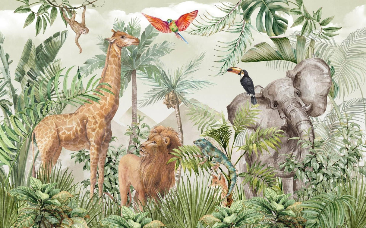 Papier Peint Mural Animaux de la Jungle | Faune Safari avec Feuillage Tropical