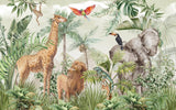 Papier Peint Mural Animaux de la Jungle | Faune Safari avec Feuillage Tropical