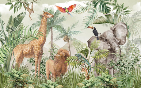 Dschungeltiere Tapete | Safari-Wildtiere mit tropischem Laub