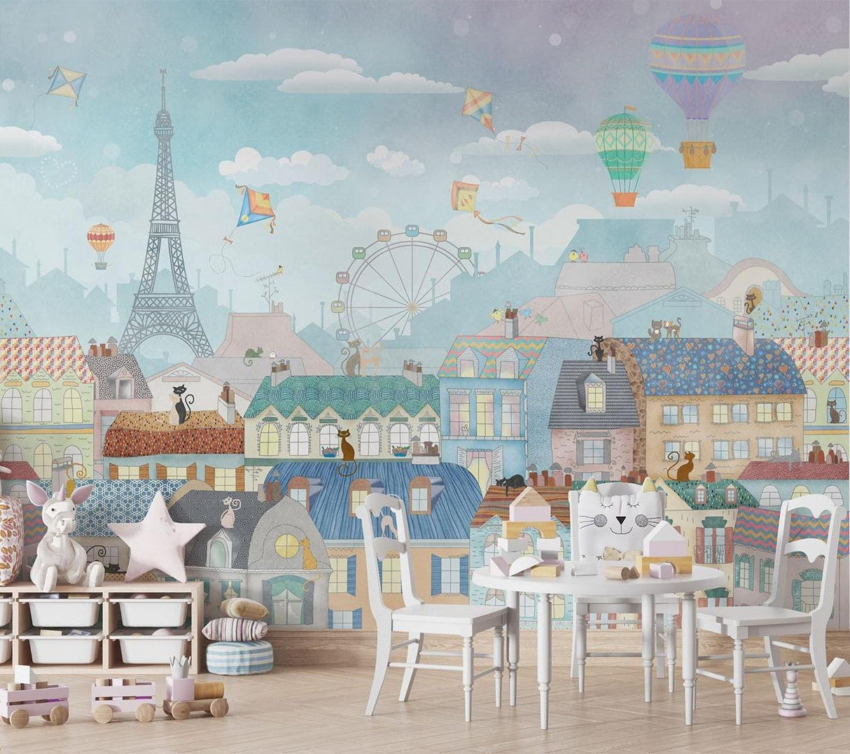 Papier Peint Mural Paris | Paysage Urbain Fantaisiste Avec Montgolfières
