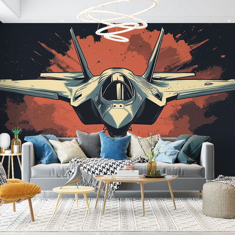 Modern Fighter Jet Wall Mural creating dramatic impact in contemporary living room with terracotta accents