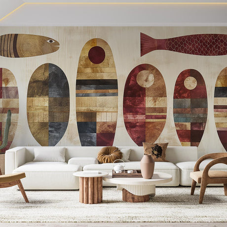 Modern geometric fish wallpaper creating a stunning focal point in a minimalist dining room with warm lighting