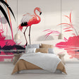 Modern Flamingo Wallpaper creating a stunning focal point in a bright living room with white furniture and natural light