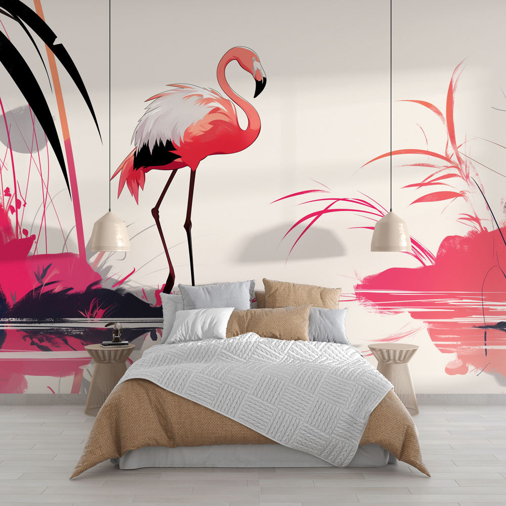 Modern Flamingo Wallpaper creating a stunning focal point in a bright living room with white furniture and natural light