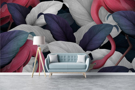 Modern Flamingo Wallpaper styled in bright living room with navy accents and pink decor