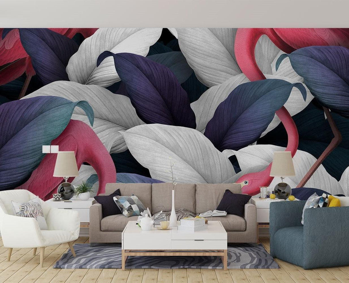 Tropical Flamingo Wall Mural in contemporary dining room with modern furniture