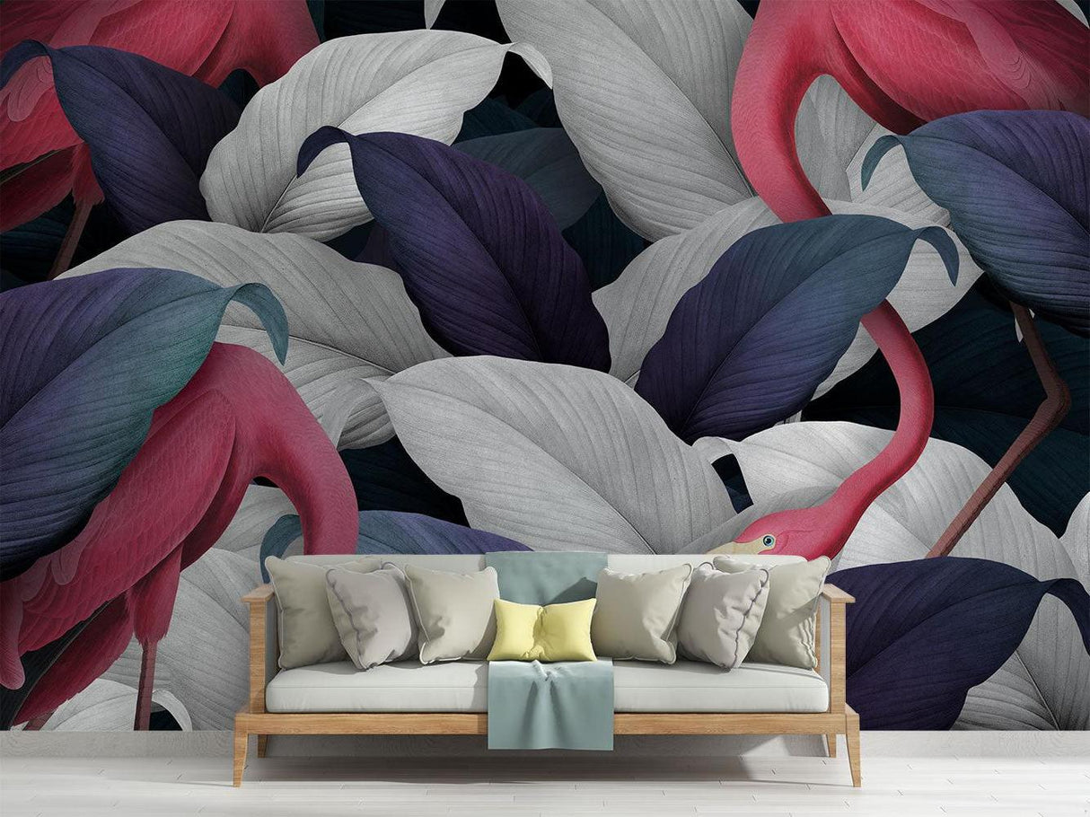 Navy and Pink Flamingo Mural in stylish home office setting