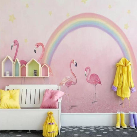 Pink Flamingo Wallpaper with rainbow and stars creating a magical atmosphere in a modern nursery
