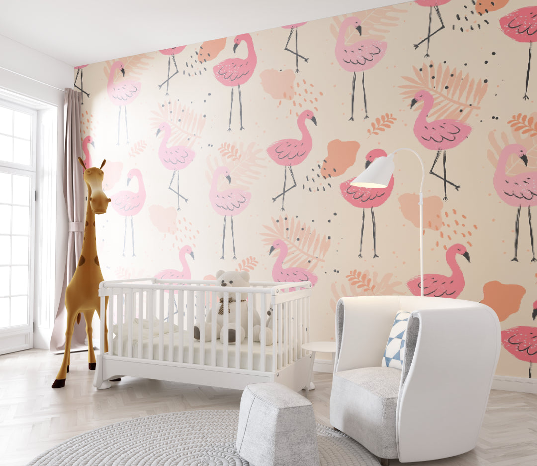 Pink tropical wallpaper transforming a cozy reading nook