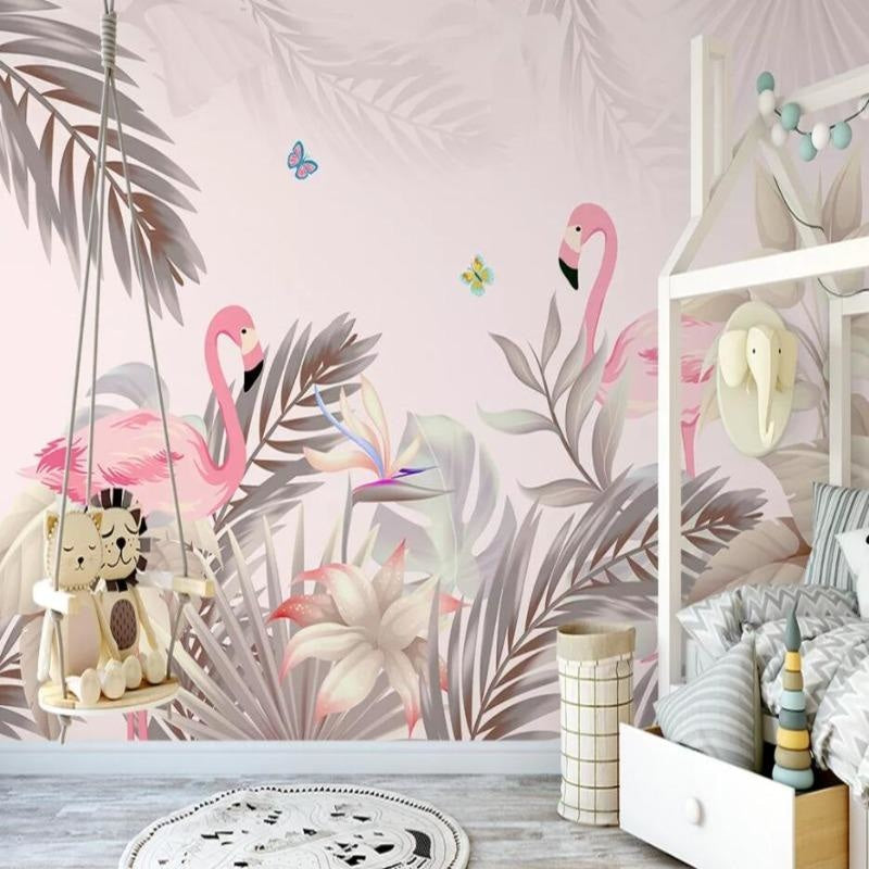 Tropical Paradise wallpaper featuring flamingos in modern living room setting