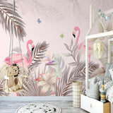 Tropical Paradise wallpaper featuring flamingos in modern living room setting