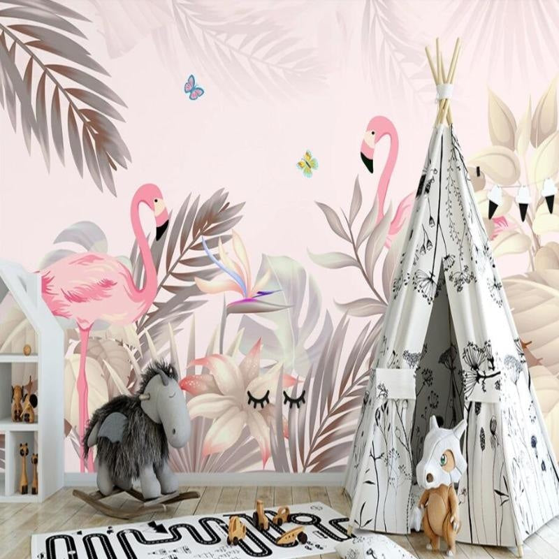 Flamingo wall mural displayed in girl's bedroom with pink accents
