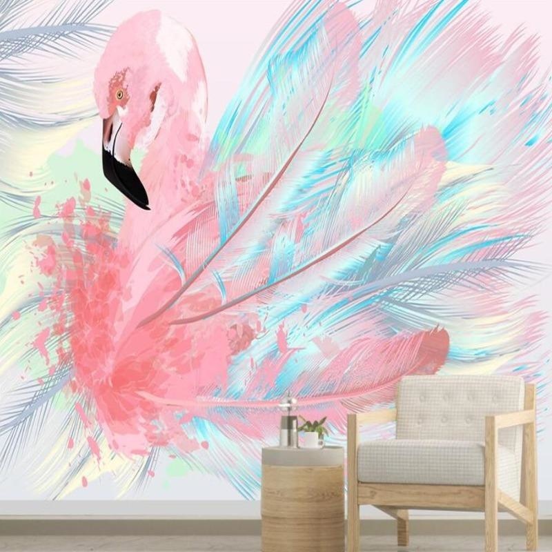 Pink Flamingo Wallpaper creating a dreamy focal point in a modern living room with white furniture