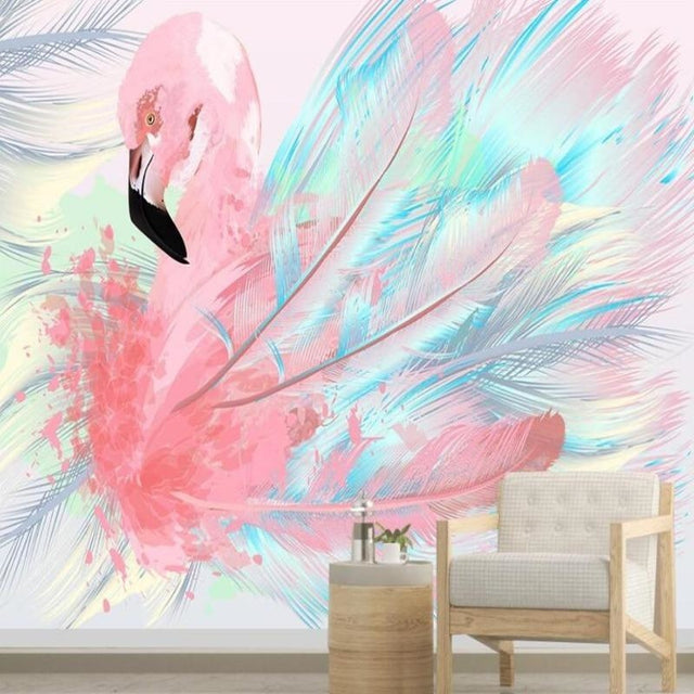Pink Flamingo Wallpaper creating a dreamy focal point in a modern living room with white furniture