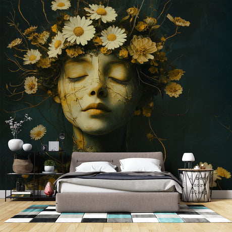 Floral portrait wallpaper creating an artistic statement wall in a modern living room with emerald and gold accents
