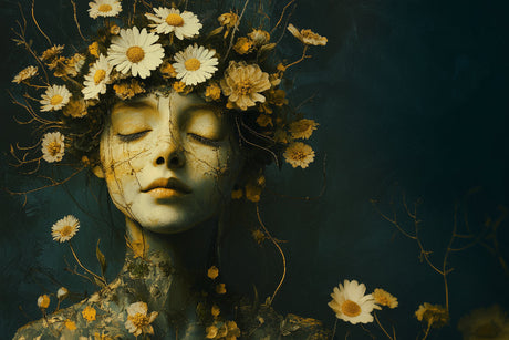 Mystical floral portrait design file showing detailed golden daisies on emerald background