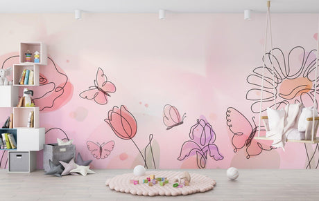 Pink floral line art wallpaper with butterflies creating a peaceful atmosphere in a modern nursery