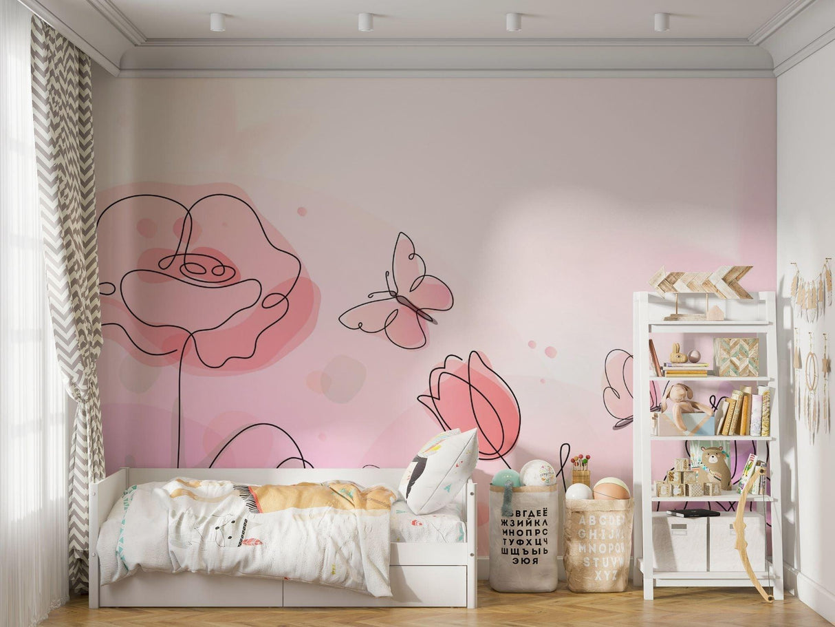 Delicate butterfly and flower line art mural brightening a girl's bedroom wall