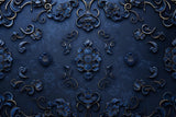 Design file showing intricate blue and gold damask pattern with 3D floral details
