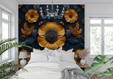 Large-scale floral wallpaper transforming home office with orange blooms on navy background