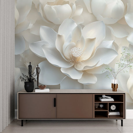 White lotus 3D wallpaper in modern living room with minimalist furniture