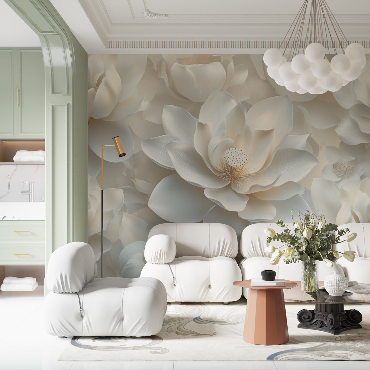 3D lotus flower mural in peaceful bedroom setting
