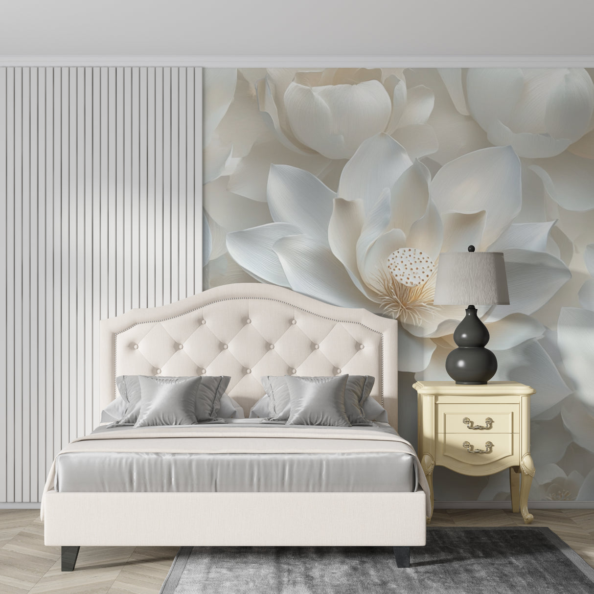 White lotus bloom wallpaper in luxury bathroom setting