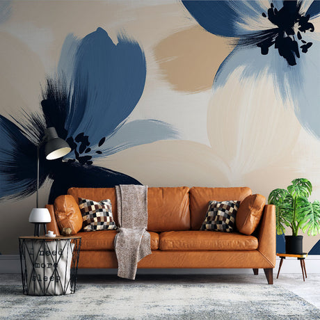 Modern floral wallpaper mural with blue and beige brushstrokes creating an artistic atmosphere in a bright living room