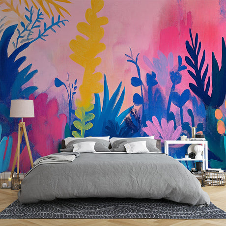 Pink and blue Floral Mural Wallpaper creating a stunning accent wall in a bright modern bedroom with natural light