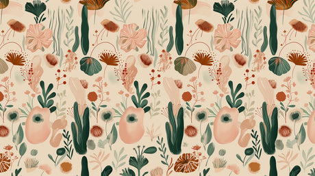 Modern botanical wallpaper in bright living room with natural light showing terracotta and green color scheme