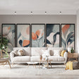 Modern coral and grey Abstract Floral Wallpaper creating a serene atmosphere in a bright contemporary living room