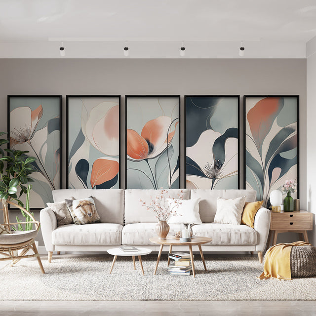 Modern coral and grey Abstract Floral Wallpaper creating a serene atmosphere in a bright contemporary living room