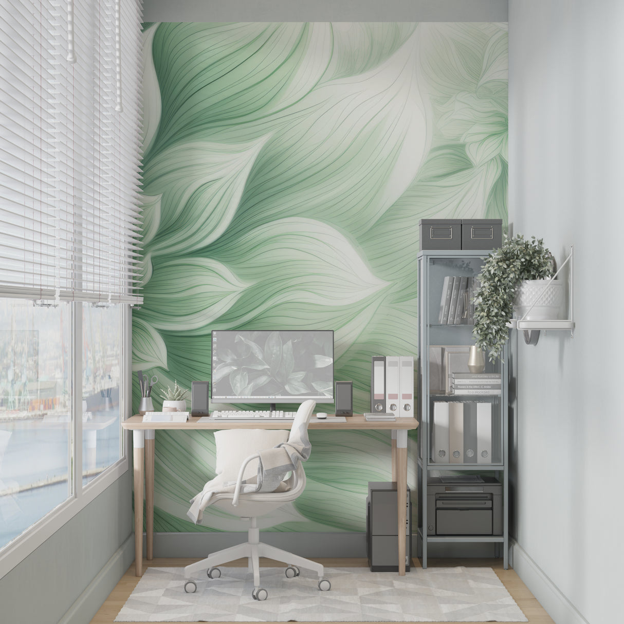 Abstract leaf wallpaper in bright modern living room showing flowing green pattern