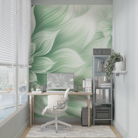 Abstract leaf wallpaper in bright modern living room showing flowing green pattern