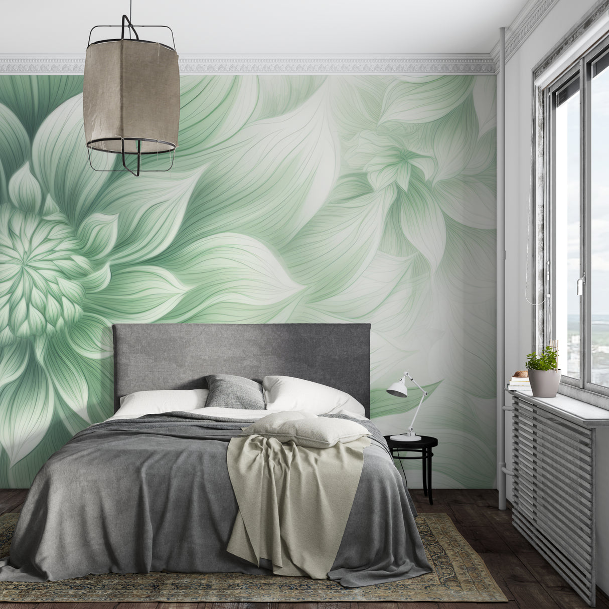 Green leaf mural creating calm atmosphere in minimalist bedroom